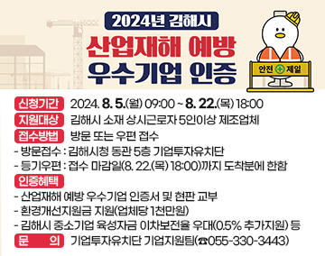 2024년 김해시 산업재해 예방 우수기업 인증
신청기간 : 2024. 8. 5.(월) 09:00 ~ 8. 22.(목) 18:00
지원대상 : 김해시 소재 상시근로자 5인이상 제조업체
접수방법 : 방문 또는 우편 접수
- 방문접수 : 김해시청 동관 5층 기업투자유치단
- 등기우편 : 접수 마감일(8. 22.(목) 18:00)까지 도착분에 한함
인증혜택
- 산업재해 예방 우수기업 인증서 및 현판 교부
- 환경개선지원금 지원(업체당 1천만원)
- 김해시 중소기업 육성자금 이차보전율 우대(0.5% 추가지원) 등
문의 : 기업투자유치단 기업지원팀(☎055-330-3443)