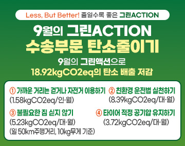 Less, But Better 줄일수록 좋은 그린ACTION
9월의 그린액션 수송부문 탄소줄이기
9월의 그린액션으로 18.92kgCO2eq의 탄소 배출 저감
① 가까운 거리는 걷거나 자전거 이용하기 (1.58kgCO2eq/인·월) 
② 친환경 운전법 실천하기(8.39kgCO2eq/대·월)
③ 불필요한 짐 싣지 않기 (5.23kgCO2eq/대·월)(일 50km주행거리, 10kg무게 기준) 
④ 타이어 적정 공기압 유지하기(3.72kgCO2eq/대·월)