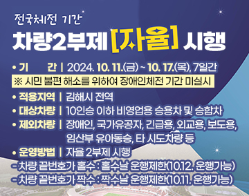 전국체전 기간 차량2부제[자율] 시행
○ 기 간 : 2024. 10. 11.(금) ~ 10. 17.(목), 7일간 ※ 시민 불편 해소를 위하여 장애인체전 기간 미실시
○ 적용지역 : 김해시 전역
○ 대상차량 : 10인승 이하 비영업용 승용차 및 승합차
○ 제외차량 : 장애인, 국가유공자, 긴급용, 외교용, 보도용, 임산부 유아동승, 타 시도차량 등
○ 운영방법 : 자율 2부제 시행
- 차량 끝번호가 홀수 : 홀수날 운행제한(10.12. 운행가능)
- 차량 끝번호가 짝수 : 짝수날 운행제한(10.11. 운행가능)