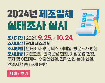 2024년 제조업체 실태조사 실시
조사기간 : 2024. 9. 25. ~ 10. 24.
조사대상 : 관내 제조업체
조사방법 : 인터넷사이트, 팩스, 이메일, 방문조사 병행
조사내용 : 기본현황, 인력운용 현황, 기업운영 현황, 투자 및 이전계획, 수출입현황, 전략산업 분야 현황, 건의사항 등 59개 문항
자세히보기