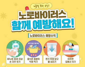 겨울철 특히 조심!
노로바이러스 함께 예방해요!
노로바이러스 예방수칙
30초 비누로 30초 이상 손 자주 씻기
85℃이상 1분 이상 음식은 충분히 익혀 먹기
변기 뚜껑 닫고 물 내리기
아프면 집에서 쉬기