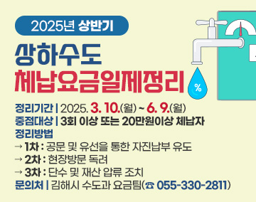 2025년 상반기 상하수도 체납요금 일제정리
정리기간 : 2025. 3. 10.(월) ~ 6. 9.(월)
중점대상 : 3회 이상 또는 20만원이상 체납자
정리방법
→ 1차 : 공문 및 유선을 통한 자진납부 유도
→ 2차 : 현장방문 독려
→ 3차 : 단수 및 재산 압류 조치
문의처 : 김해시 수도과 요금팀(☎ 055-330-2811)